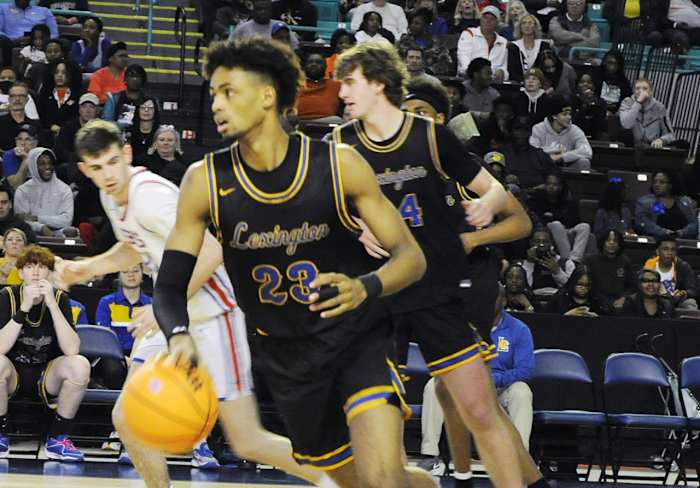 Lexington guard Cam Scott leads a fast break during the 2024 SCHSL Class 5-A Boys Basketball State Championship Game. (3/1/2024)